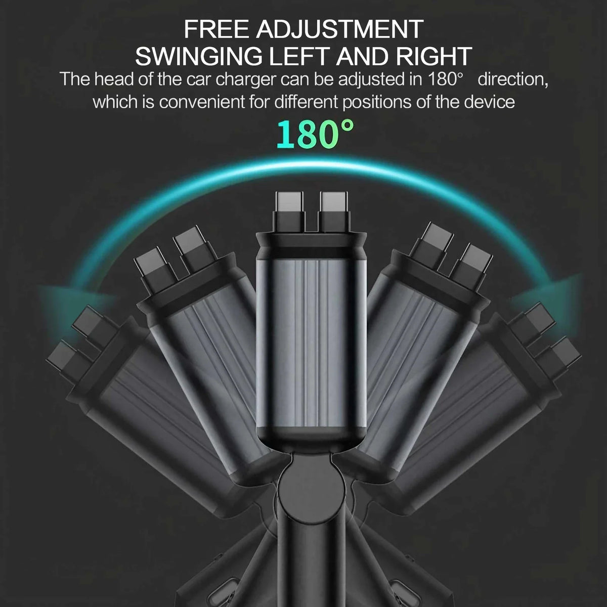 Cargador de coche retráctil dual USB-C negro con cabezal ajustable, vista en primer plano.