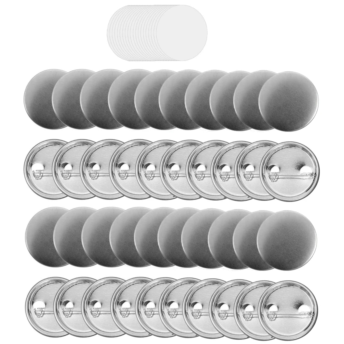 A set of 58mm DIY pin back button blanks with paper inserts shown in various arrangements.