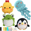 A beginner crochet kit featuring three crocheted animals: a yellow chick, a green frog, and a blue jellyfish, along with vari