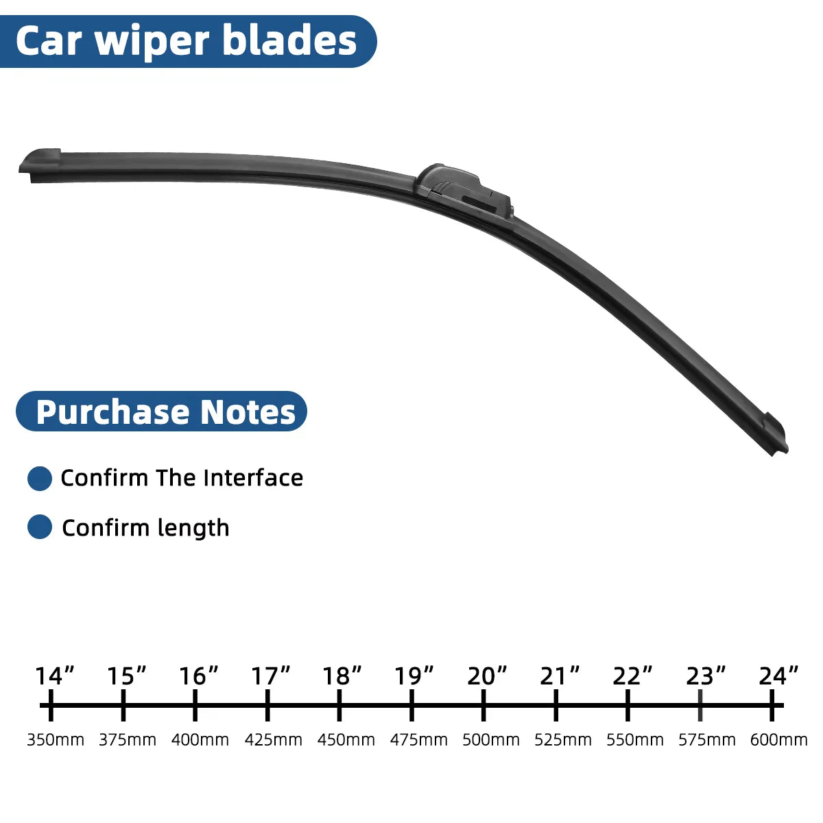 A set of universal frameless car wiper blades with various lengths shown for purchase.
