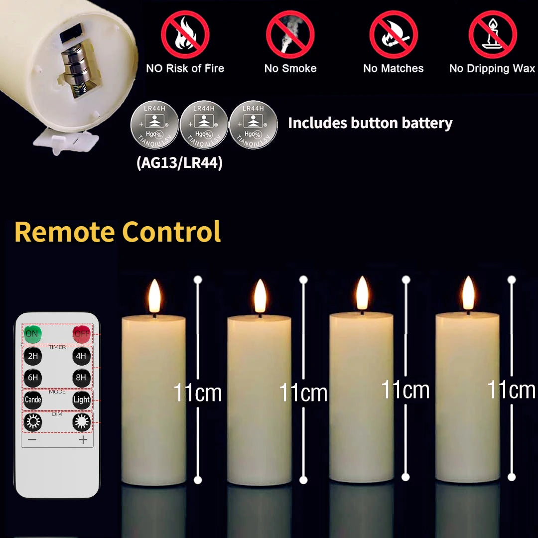 LED pillar candles with remote control and timer shown next to safety warnings