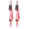 A pair of pink durable polyester luggage straps with black buckles and metal rings.