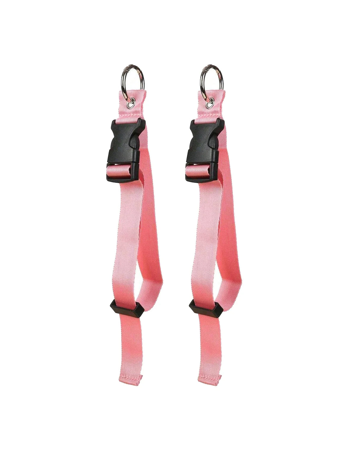 A pair of pink durable polyester luggage straps with black buckles and metal rings.