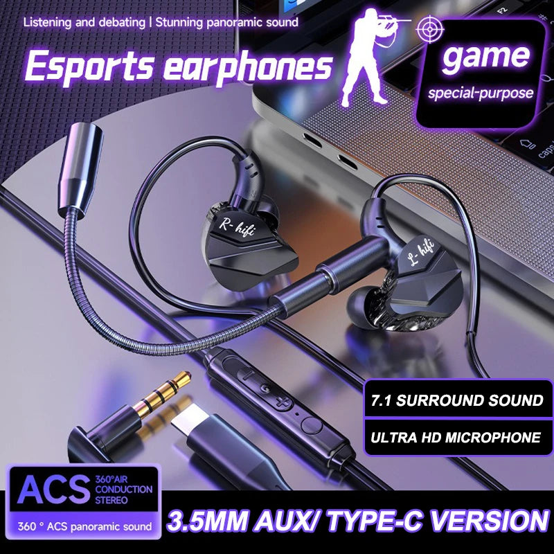 Wired Gaming Earbuds with Dual Microphone and Active Noise Cancellation
