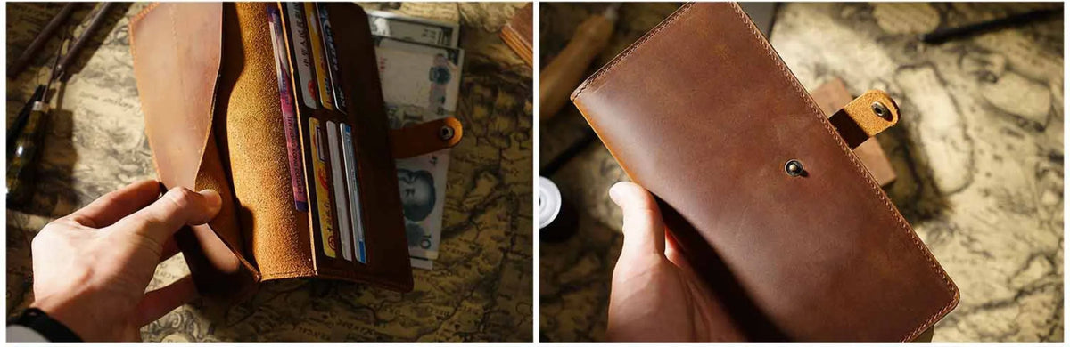 Vintage Leather Long Bifold Wallet with Snap Closure