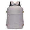 A light gray compact cabin travel backpack with dark gray accents and straps.