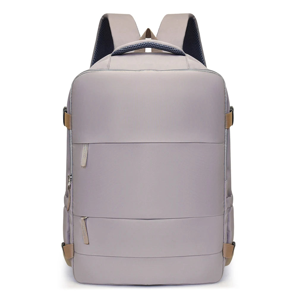 A light gray compact cabin travel backpack with dark gray accents and straps.