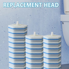 Three replacement heads for a toilet brush are shown stacked vertically against a light blue wall.