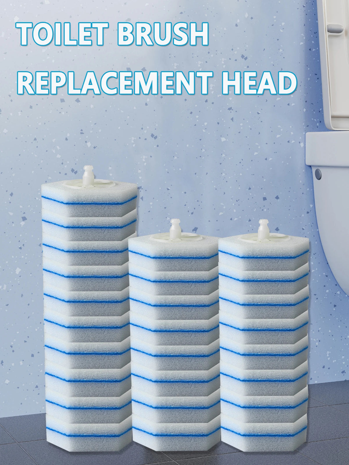 Three replacement heads for a toilet brush are shown stacked vertically against a light blue wall.
