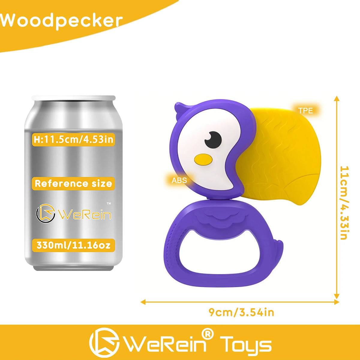 A purple animal-themed rattle toy featuring a yellow body and a silicone ring, shown next to its aluminum reference size.