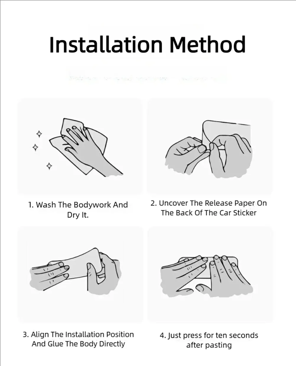 Four steps illustrating the installation method for car wheel reflective safety stickers.