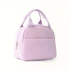 A light purple embroidered corduroy insulated lunch bag with a zippered pocket and carrying handles.