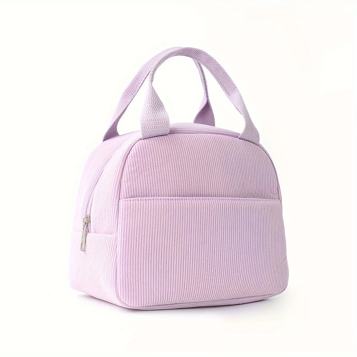 A light purple embroidered corduroy insulated lunch bag with a zippered pocket and carrying handles.