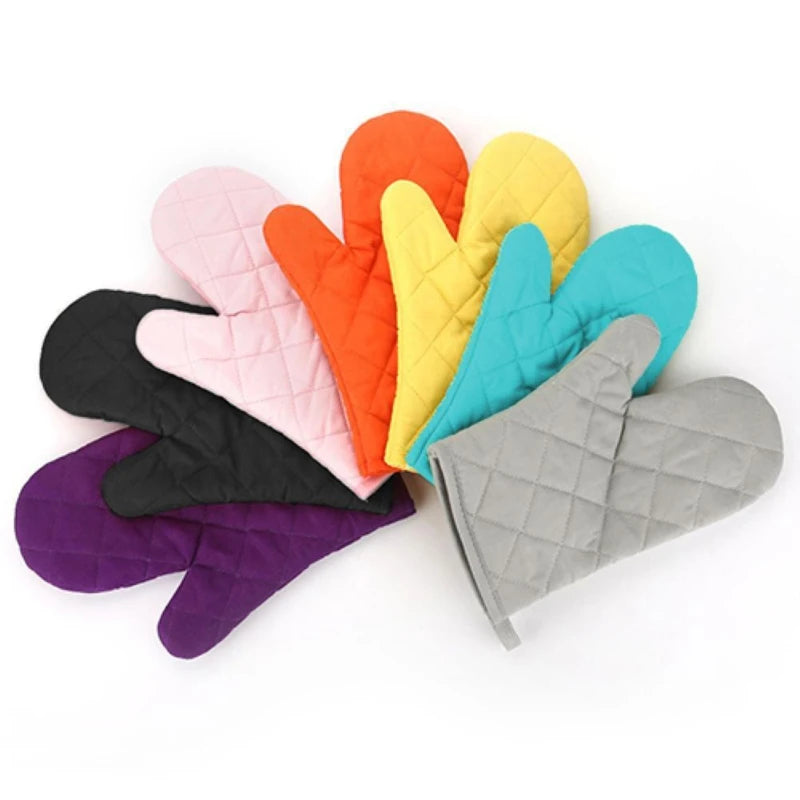 A collection of colorful heat-resistant oven mitts in shades of orange, yellow, pink, blue, and purple.