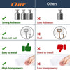 Comparison chart showing features of our heavy duty adhesive hooks versus others, including adhesion, rust resistance, instal