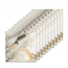A row of rectangular marble wall tiles featuring white and gold veining, displayed at an angle.