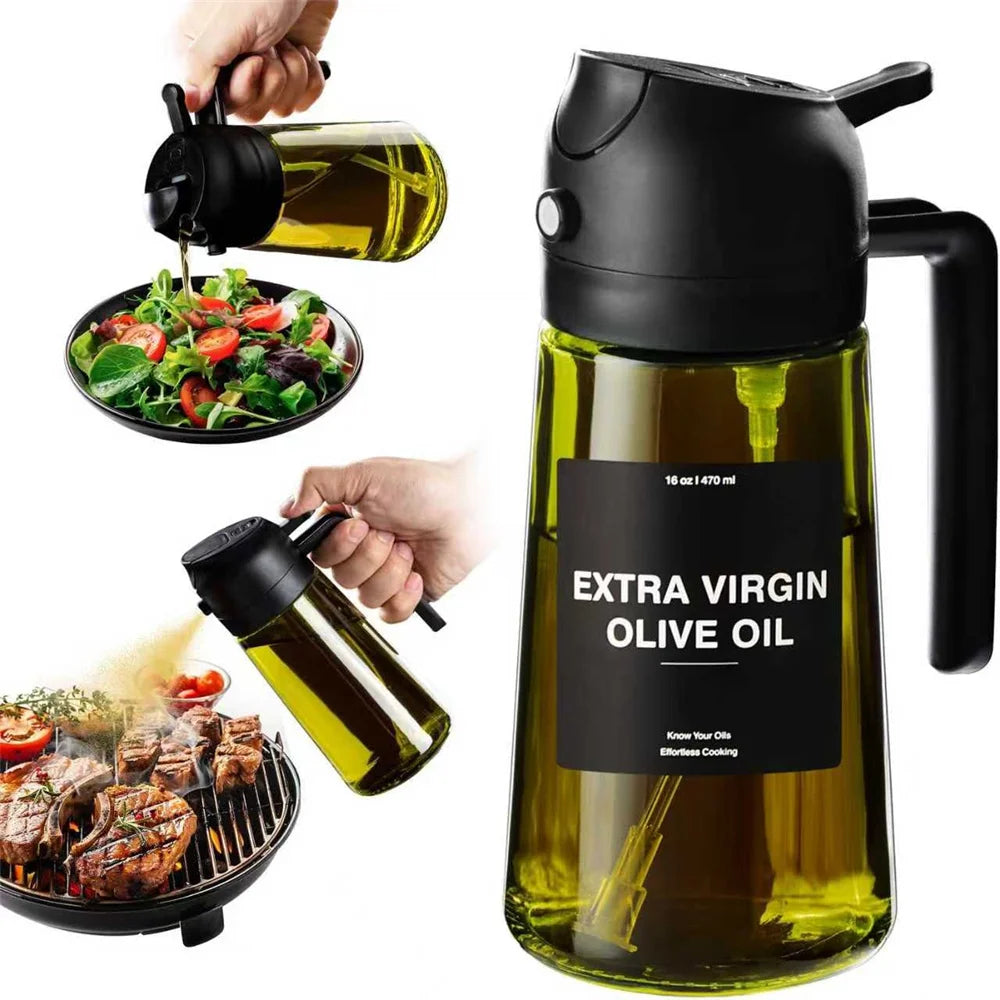A dark green glass bottle of extra virgin olive oil with a pump dispenser and a spigot, shown next to a hand pouring oil.