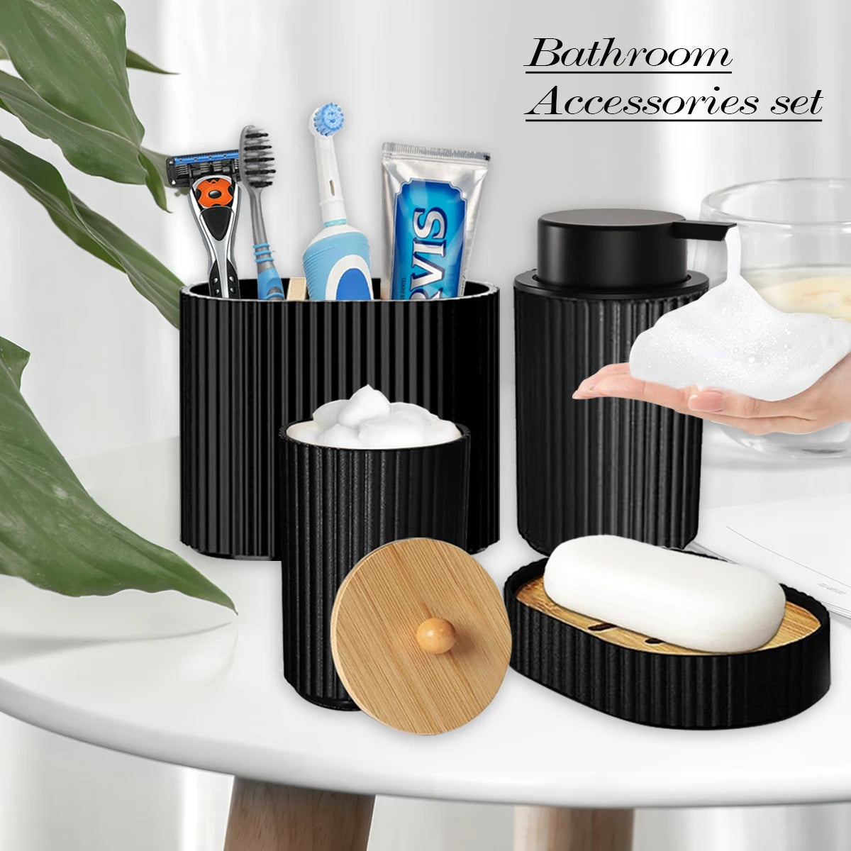 Matte black bathroom accessories set featuring a soap dispenser, brush, and soap bar on a white table.