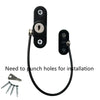 A black universal safety window and door lock with a key and mounting hardware for installation.