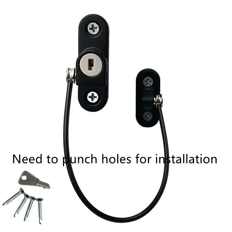 A black universal safety window and door lock with a key and mounting hardware for installation.