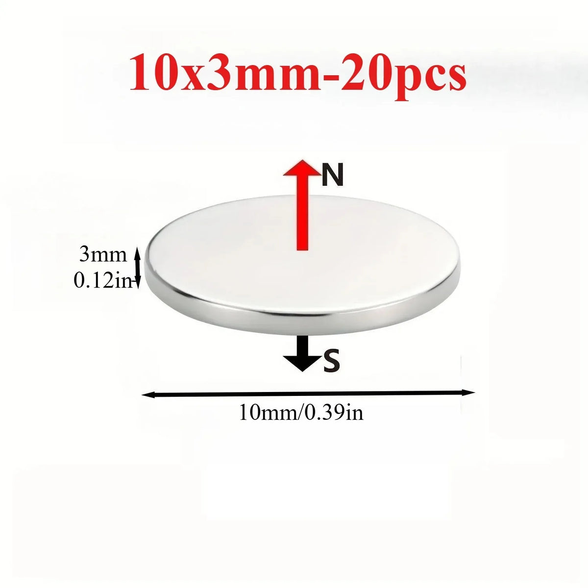 A round, silver magnetic sticker measuring 3mm in diameter, shown with North (N) and South (S) indicators.