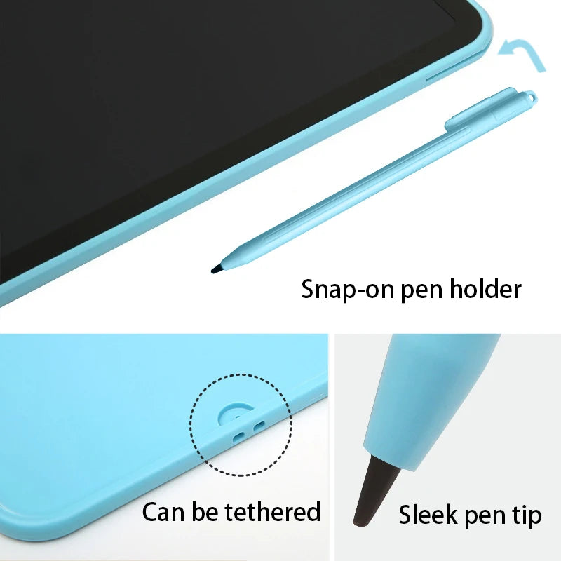 A blue LCD writing tablet is shown with a snap-on pen holder and a sleek pen tip.