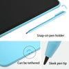 A blue LCD writing tablet is shown with a snap-on pen holder and a sleek pen tip.