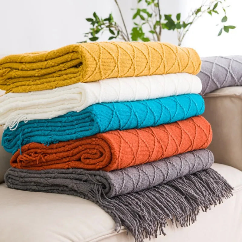 Khaki Knitted Throw Blanket with Tassels