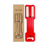 A red magnetic wall-mounted spray can organizer with a cardboard box labeled Jue Fish.