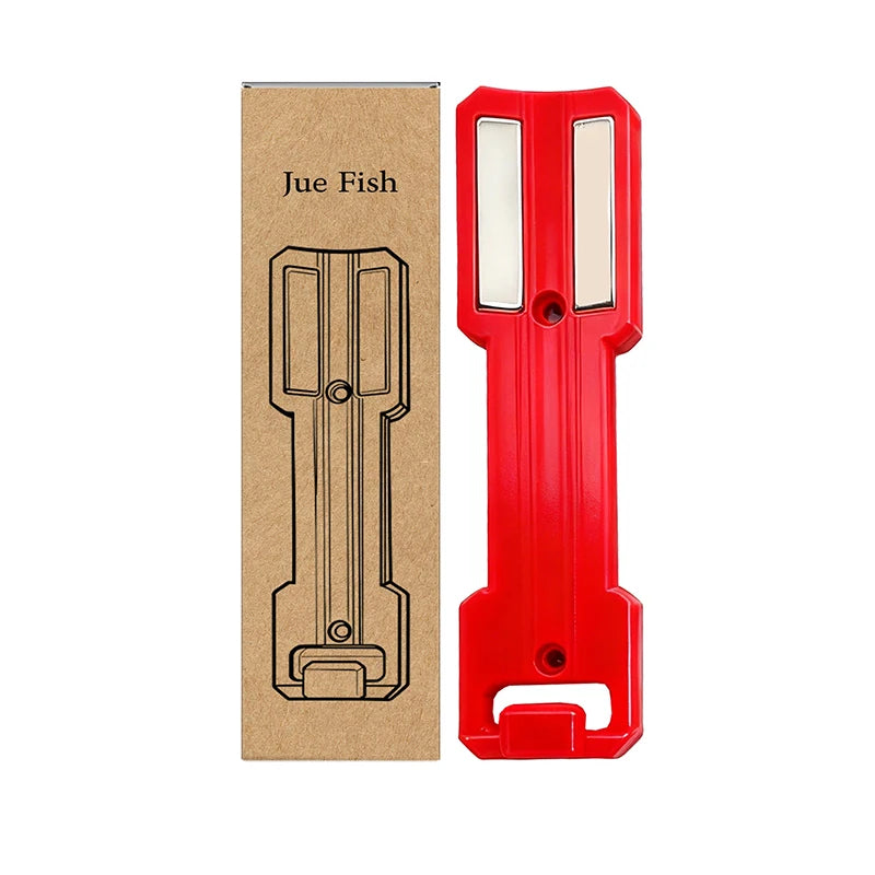 A red magnetic wall-mounted spray can organizer with a cardboard box labeled Jue Fish.