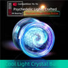 A blue crystal ball yo-yo with psychedelic lights spinning against a dark background.