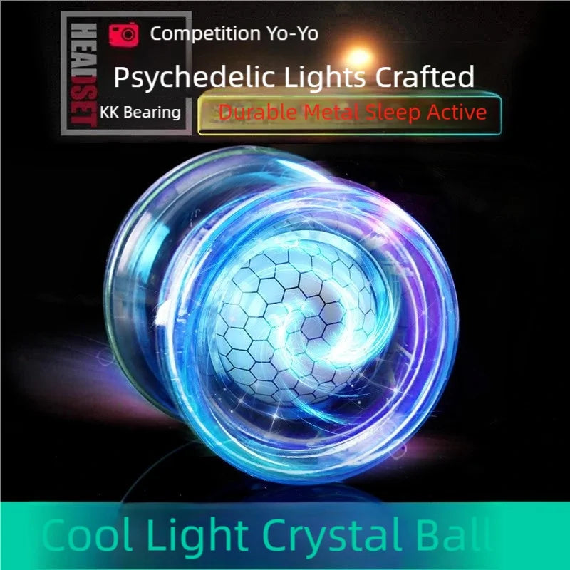 A blue crystal ball yo-yo with psychedelic lights spinning against a dark background.