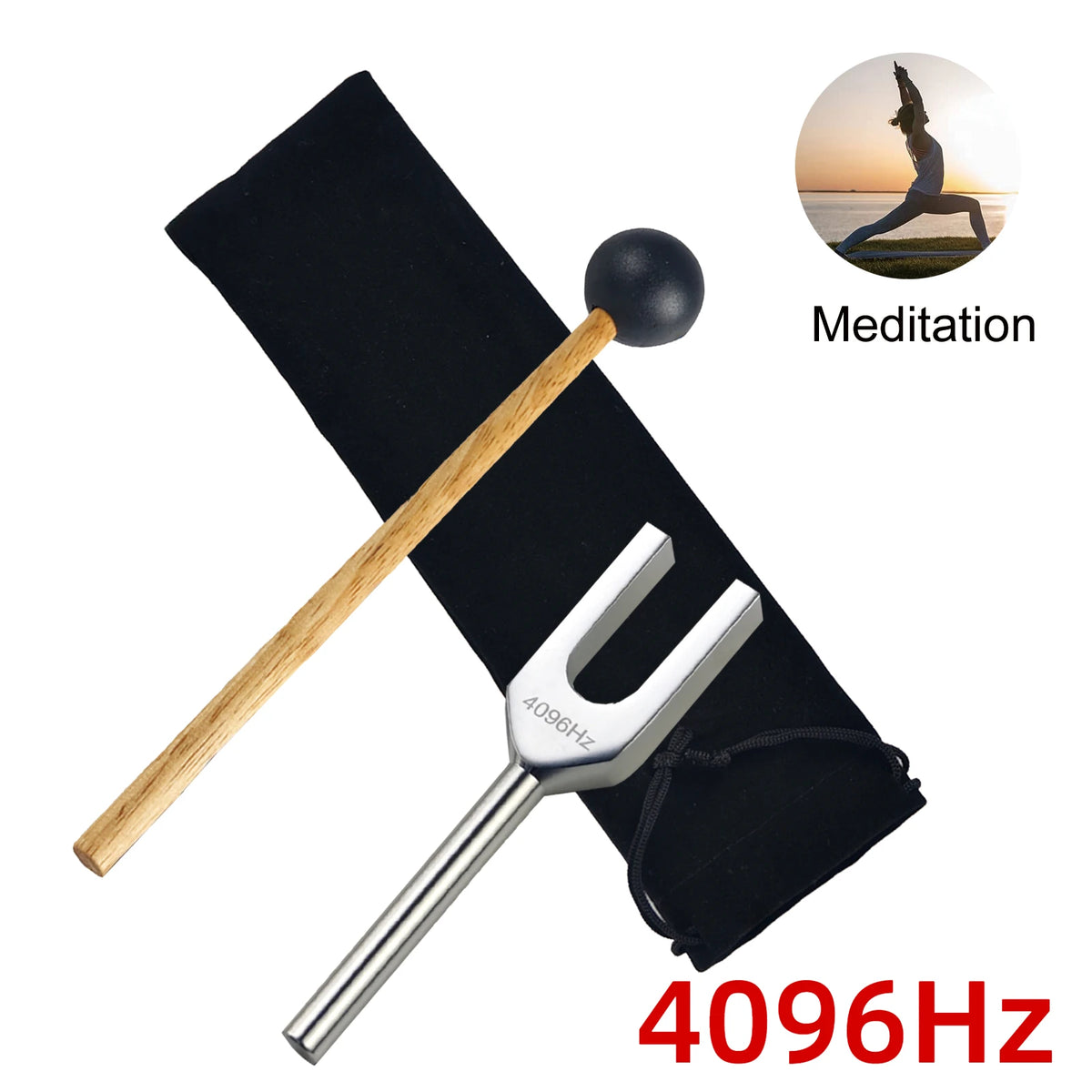 A wooden tuning fork with a metal activator is shown on a black cloth, next to a silhouette meditating.