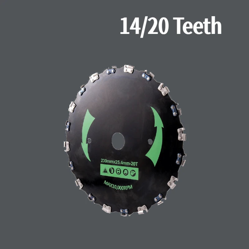 A close-up view of a 14/20 tooth saw blade for a brush cutter, showing the teeth and dimensions.