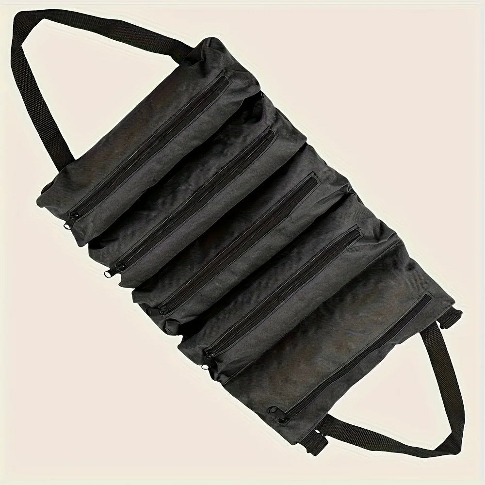 A black roll-up multi-pocket tool organizer bag with a carrying strap.