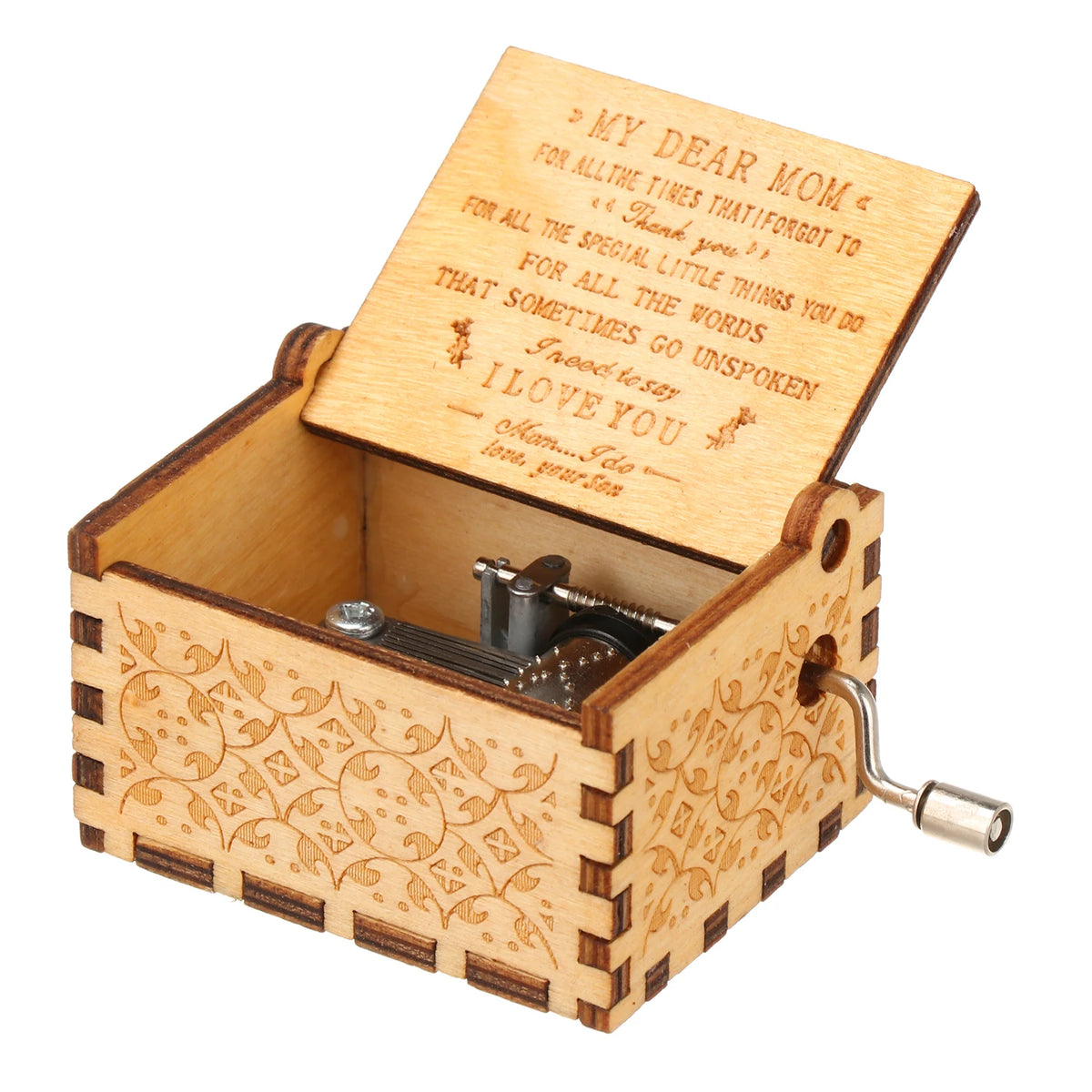 A vintage hand-cranked wooden music box with an open lid and engraved text inside.