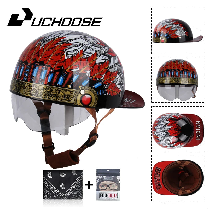 A black motorcycle helmet with a red and silver leaf design, shown with an attached baseball cap visor and accessories.