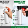 Comparison showing a paint spray can without a trigger handle versus one with an ergonomic trigger handle.