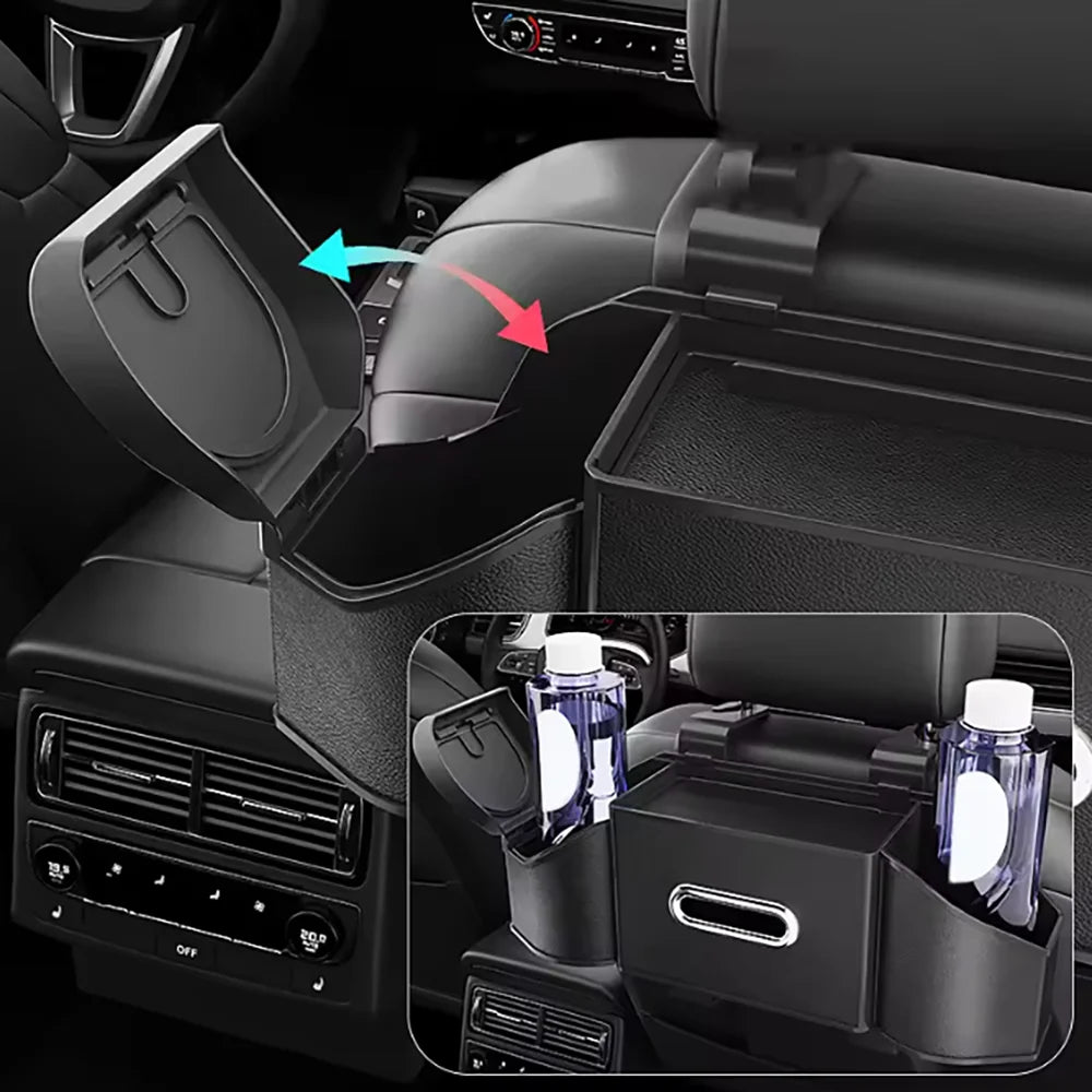 A car back seat organizer featuring a cup holder, trash bin, and phone mount is shown in detail.
