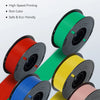 A collection of ten spools of colorful PLA 3D printer filament, including red, green, yellow, blue, and pink shades.