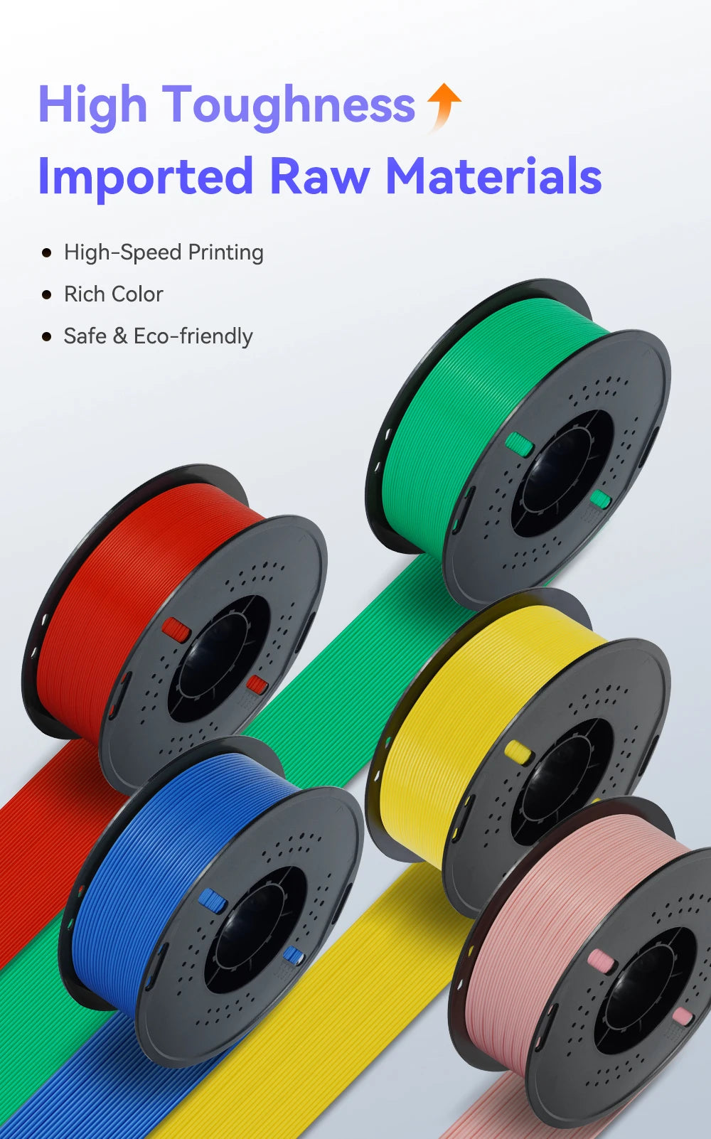 A collection of ten spools of colorful PLA 3D printer filament, including red, green, yellow, blue, and pink shades.