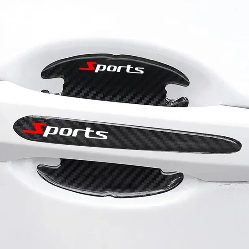 Set of black carbon fiber door handle protectors with sports branding for scratch resistance