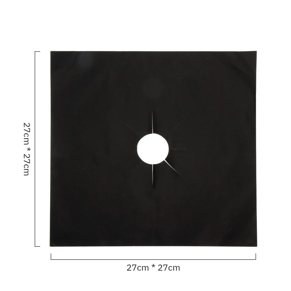 Black reusable non-stick gas stove protector mat with a central hole.