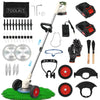 A collection of tools including a cordless grass trimmer and edger, various attachments, and batteries.