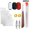 A set of 34 stainless steel sewing needles, including various sizes and a travel case with colored thread spools.