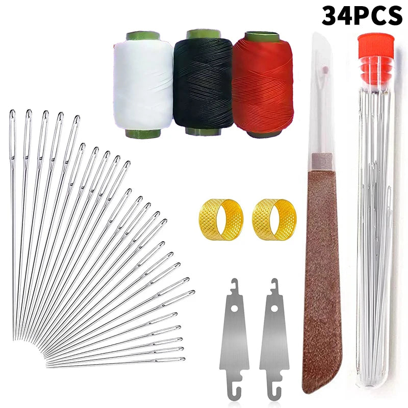 A set of 34 stainless steel sewing needles, including various sizes and a travel case with colored thread spools.