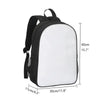 A white backpack with black straps and a black pencil case, shown with dimensions.