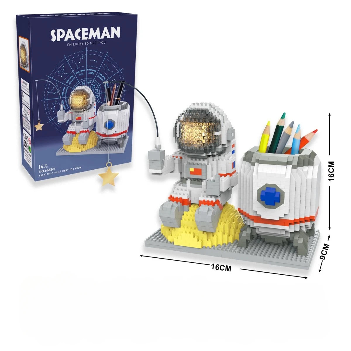 A set of Luminous Astronaut Moon micro building blocks featuring an astronaut and various colored pencils.