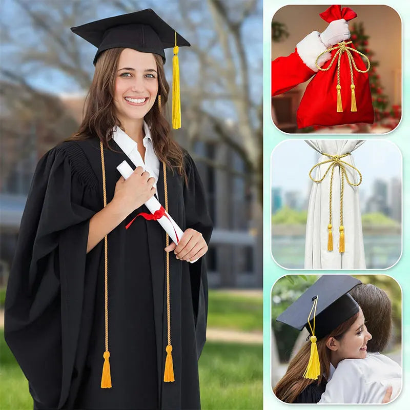 A smiling woman in a black graduation gown is holding cords with yellow tassels, demonstrating the product for ceremonies and