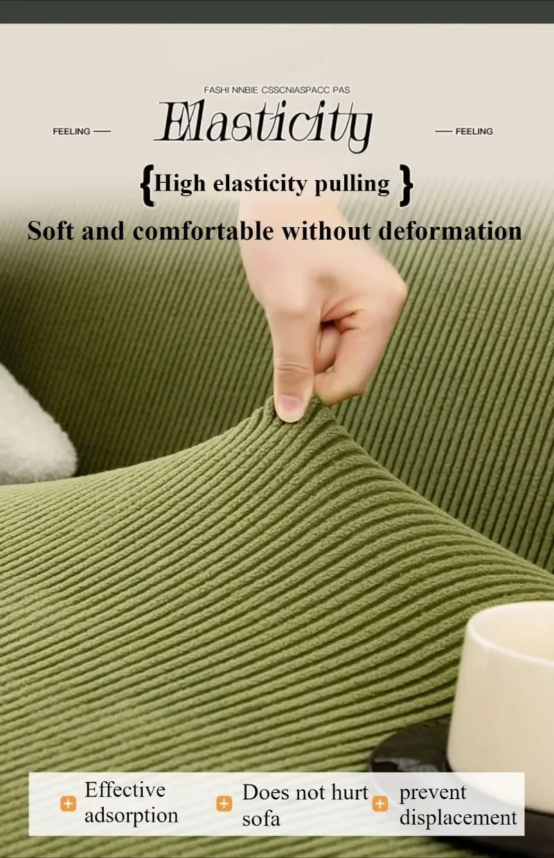 A hand gently pulls on a textured olive green sofa cover to demonstrate its high elasticity and comfort without deformation.
